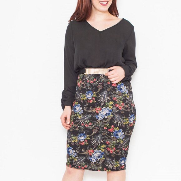 Blue Bell Ladies Sheath Dress V-Neck Long-Sleeve Black Floral Size XL NWOT - Picture 1 of 5